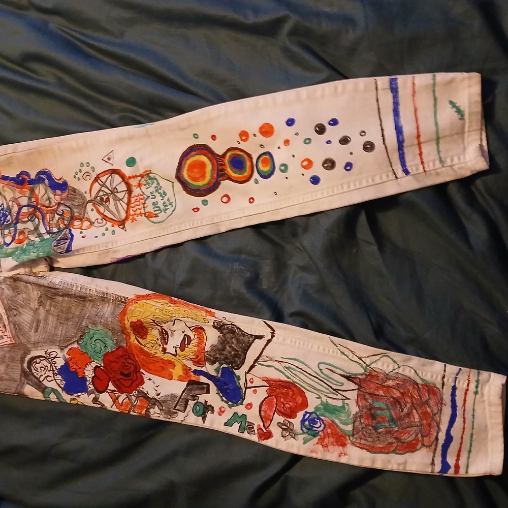No Boundaries High Rise Beige Jeans with Vibrant Artwork